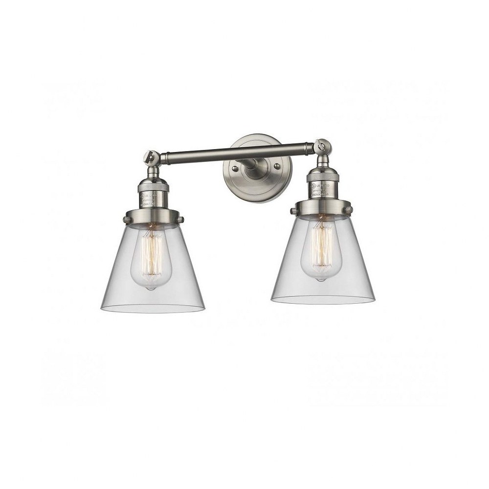 Innovations Lighting-208-SN-G62-Small Cone-2 Light Bath Vanity in Industrial Style-16 Inches Wide by 10 Inches High   Satin Nickel Finish with Clear Glass