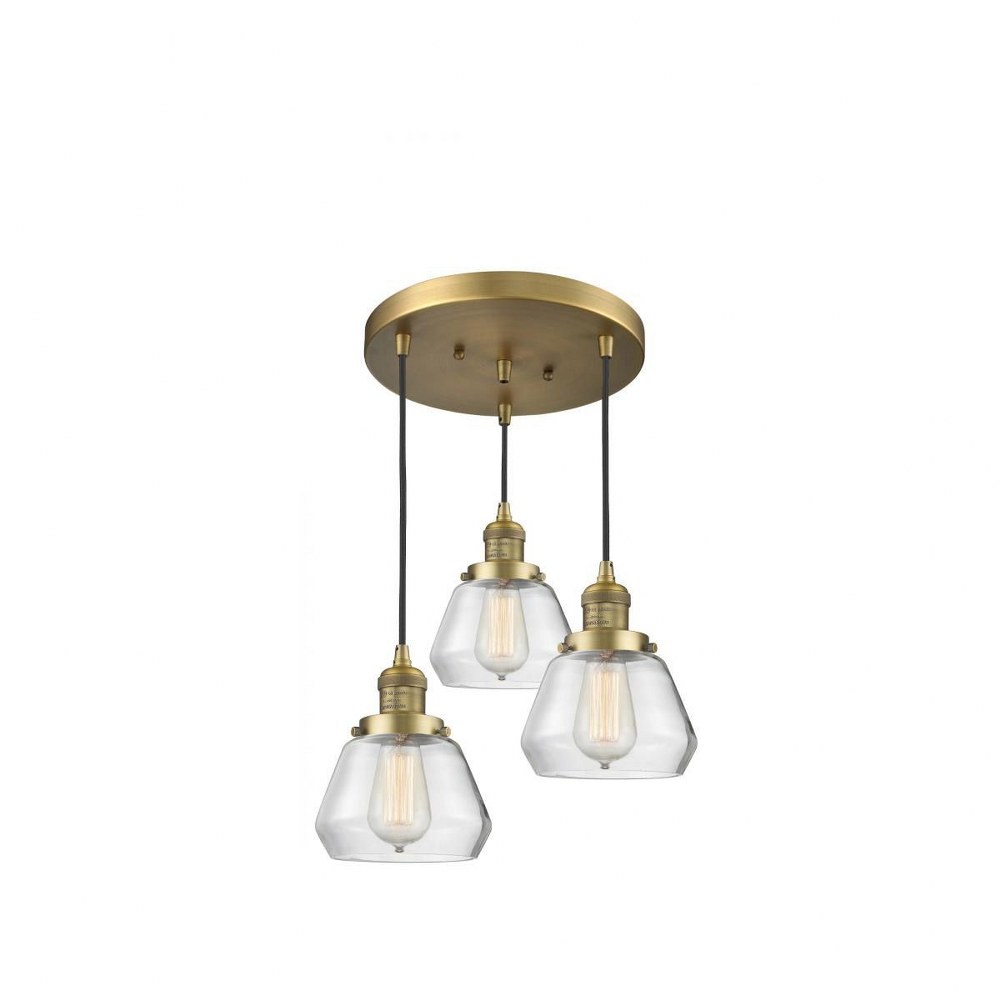 Innovations Lighting-211/3-BB-G172-Fulton-Three Light Adjustable Cord Pan Chandelier-13 Inches Wide   Brushed Brass Finish with Clear Glass