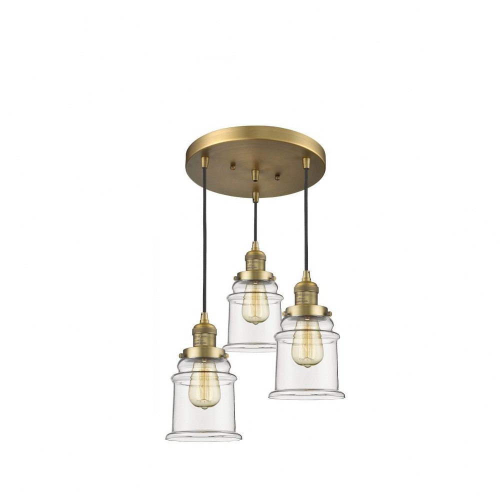Innovations Lighting-211/3-BB-G182-Canton-Three Light Adjustable Cord Pan Chandelier-13 Inches Wide   Brushed Brass Finish with Clear Glass