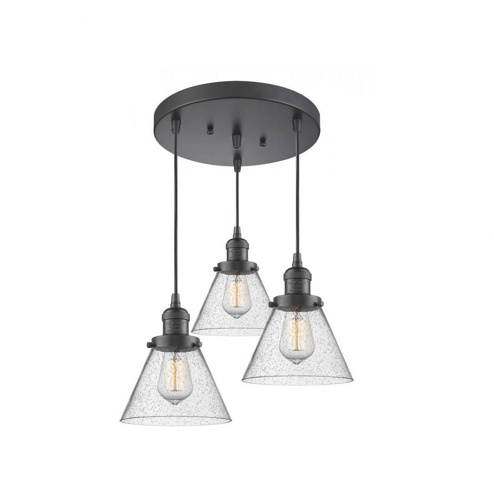 Innovations Lighting-211/3-OB-G44-Large Cone-Three Light Adjustable Cord Pan Chandelier-13 Inches Wide   Oiled Rubbed Bronze Finish with Seedy Glass