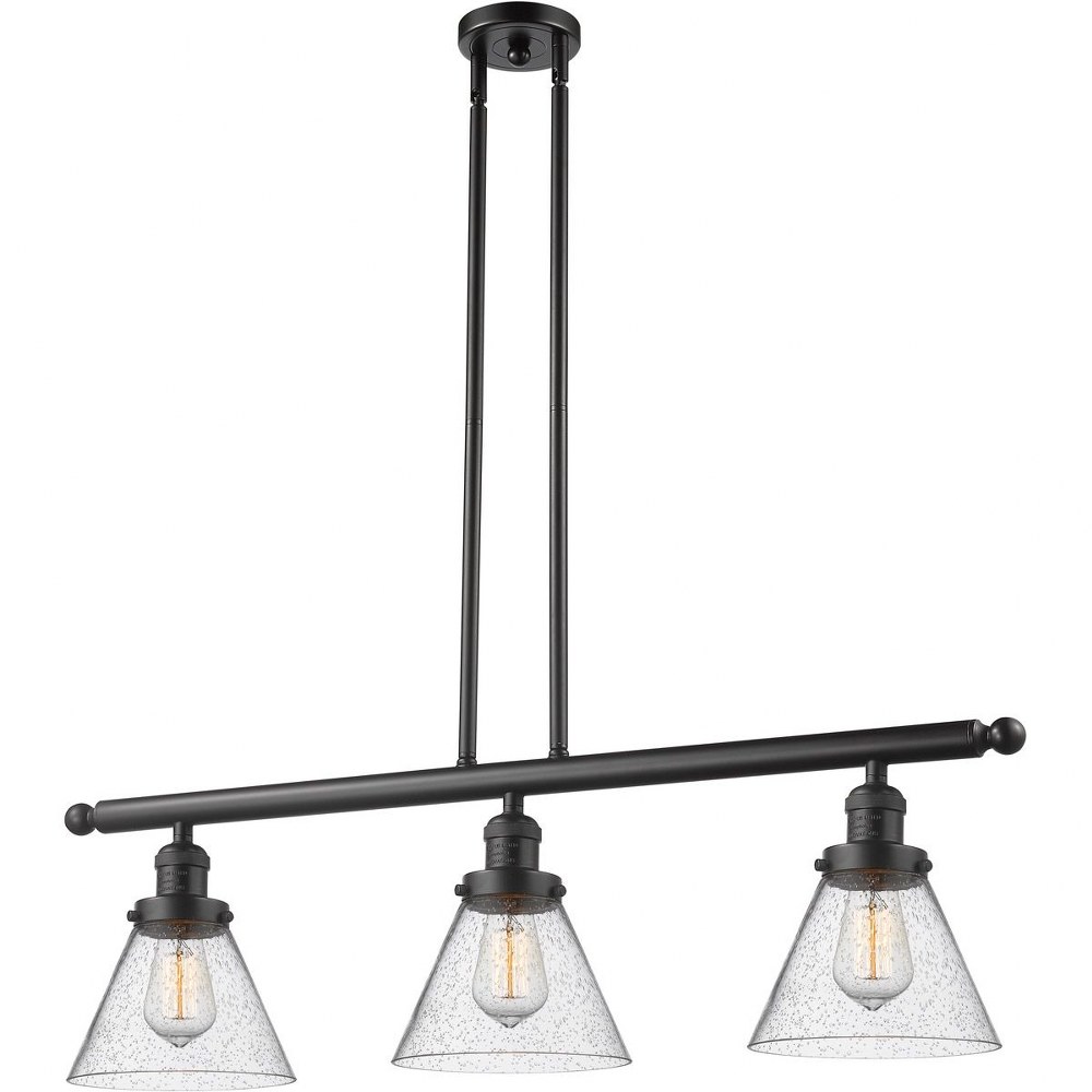 Innovations Lighting-213-OB-G44-Large Cone-Three Light Adjustable Stem Island-36 Inches Wide by 10 Inches High   Oiled Rubbed Bronze Finish with Seedy Glass
