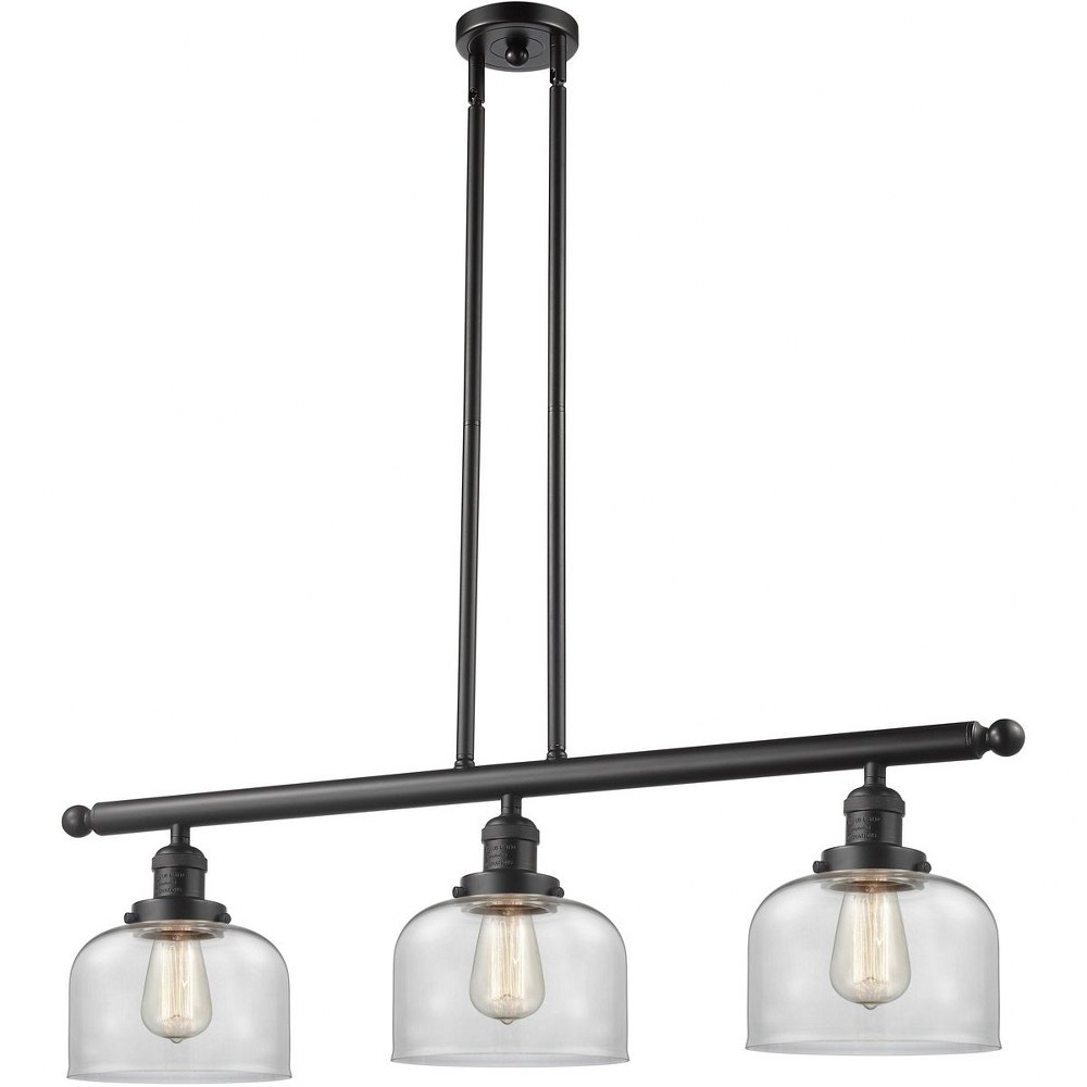 Innovations Lighting-213-OB-G72-Large Bell-3 Light Island in Industrial Style-40.5 Inches Wide by 13 Inches High   Oiled Rubbed Bronze Finish with Clear Glass