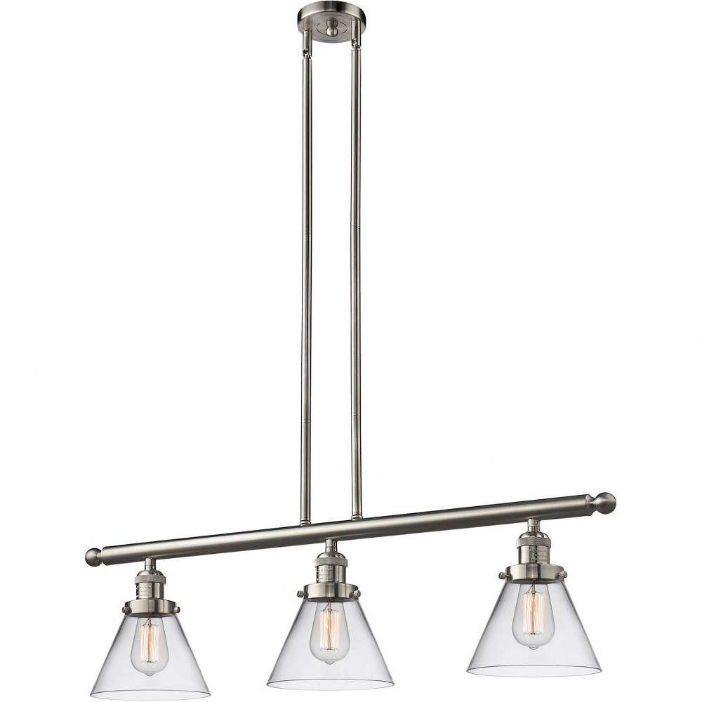Innovations Lighting-213-SN-G42-Large Cone-3 Light Island in Industrial Style-40.25 Inches Wide by 10 Inches High   Satin Nickel Finish with Clear Glass