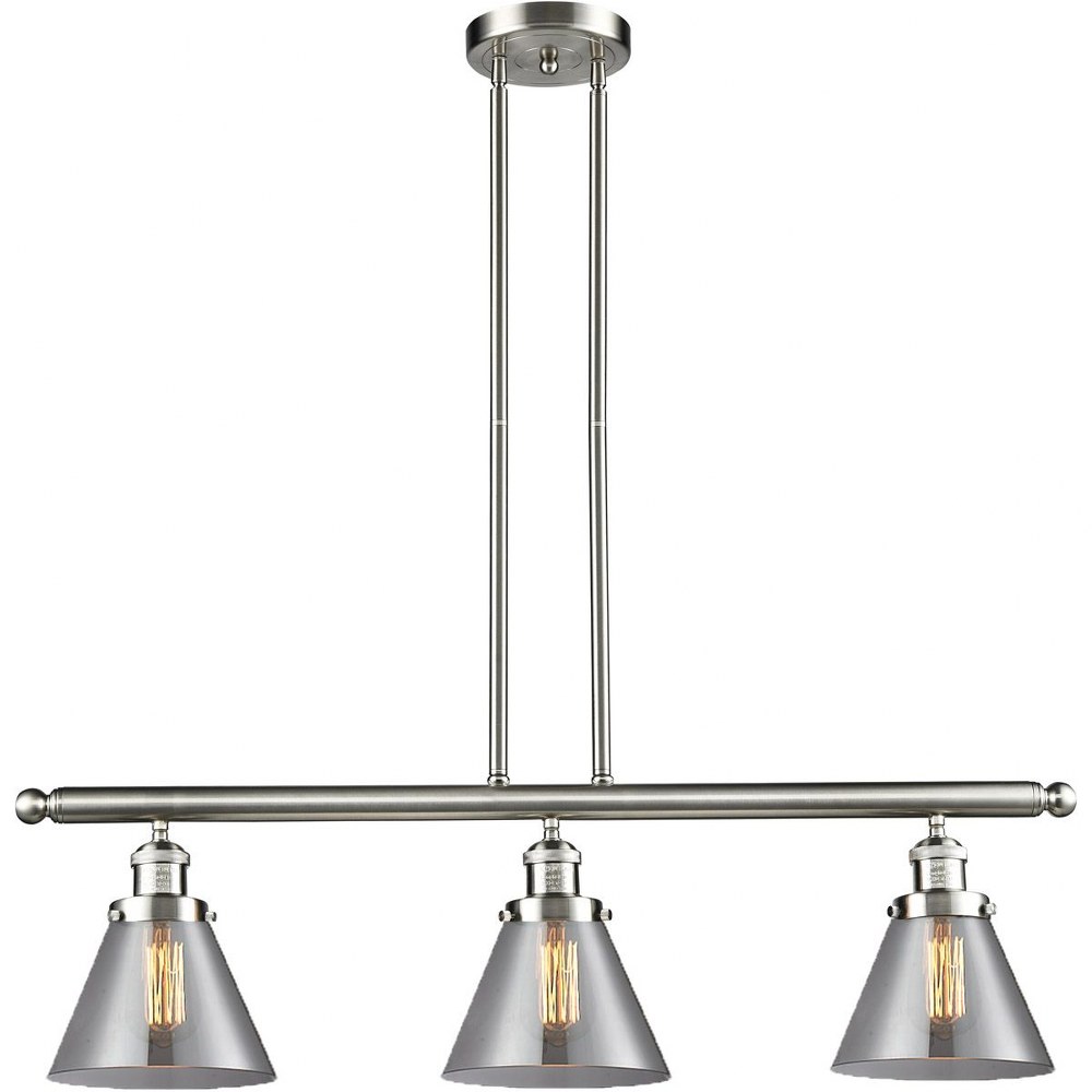 Innovations Lighting-213-SN-G43-Large Cone-3 Light Island in Industrial Style-40.25 Inches Wide by 10 Inches High   Satin Nickel Finish with Smoked Glass