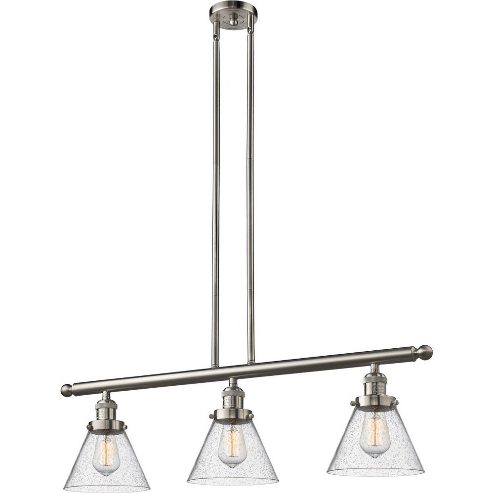 Innovations Lighting-213-SN-G44-Large Cone-Three Light Adjustable Stem Island-36 Inches Wide by 10 Inches High   Satin Brushed Nickel Finish with Seedy Glass