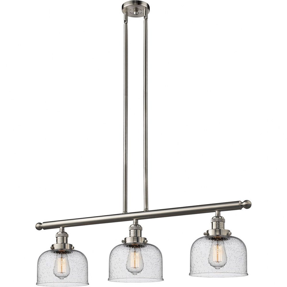 Innovations Lighting-213-SN-G74-Large Cone-Three Light Adjustable Stem Island-36 Inches Wide by 10 Inches High   Satin Brushed Nickel Finish with Seedy Glass