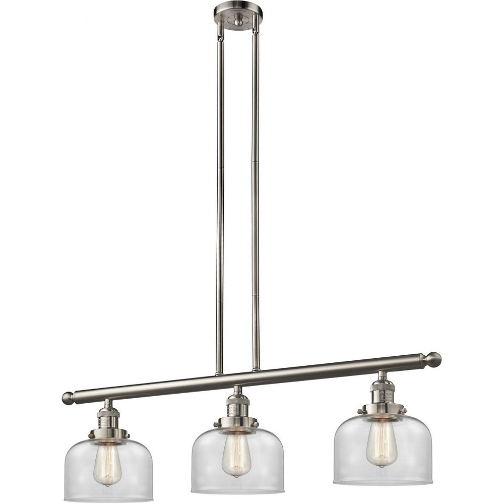 Innovations Lighting-213-SN-G72-Large Bell-3 Light Island in Industrial Style-40.5 Inches Wide by 13 Inches High   Satin Nickel Finish with Clear Glass