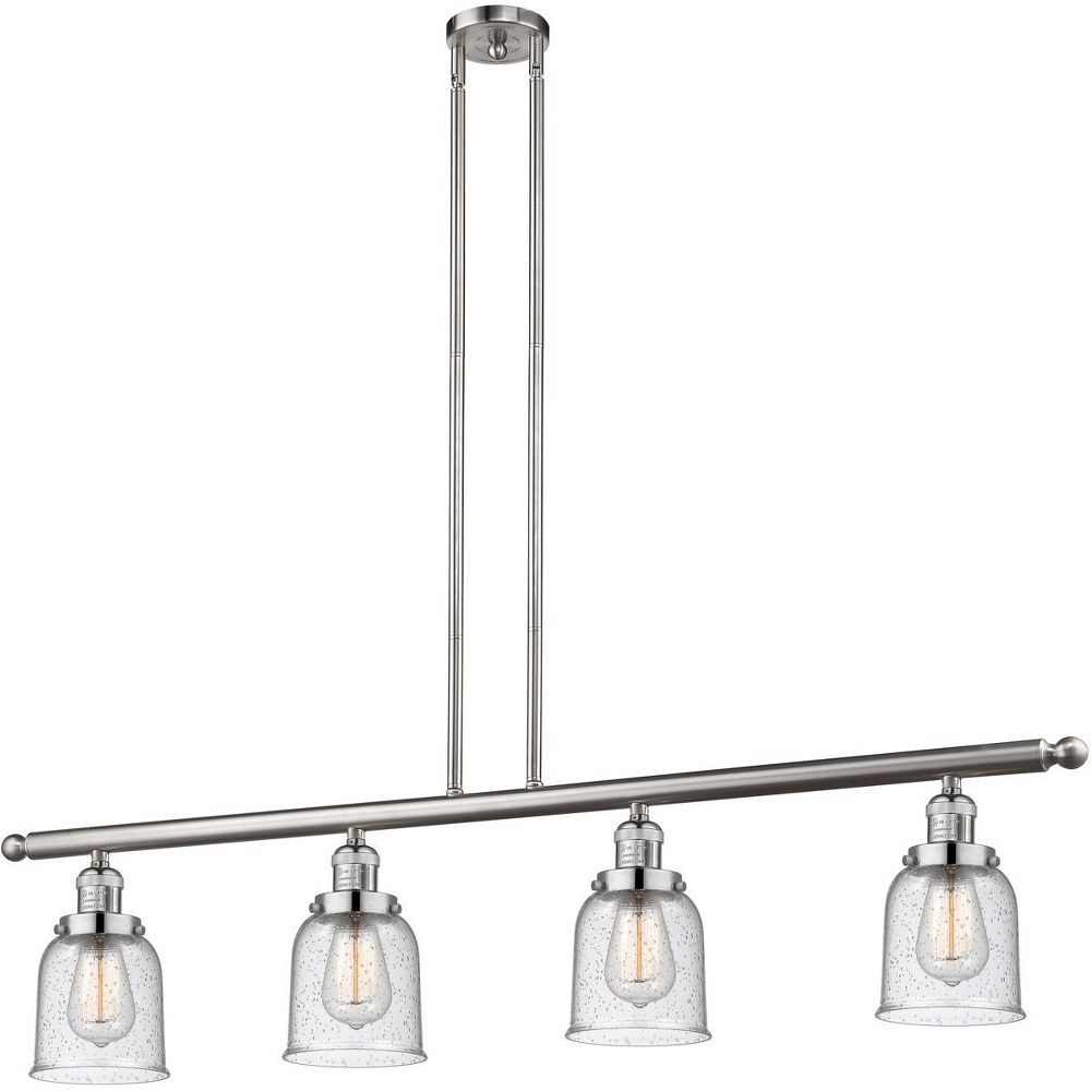 Innovations Lighting-214-SN-G54-Small Bell-Four Light Adjustable Stem Island-48 Inches Wide by 10 Inches High   Satin Brushed Nickel Finish with Seedy Glass