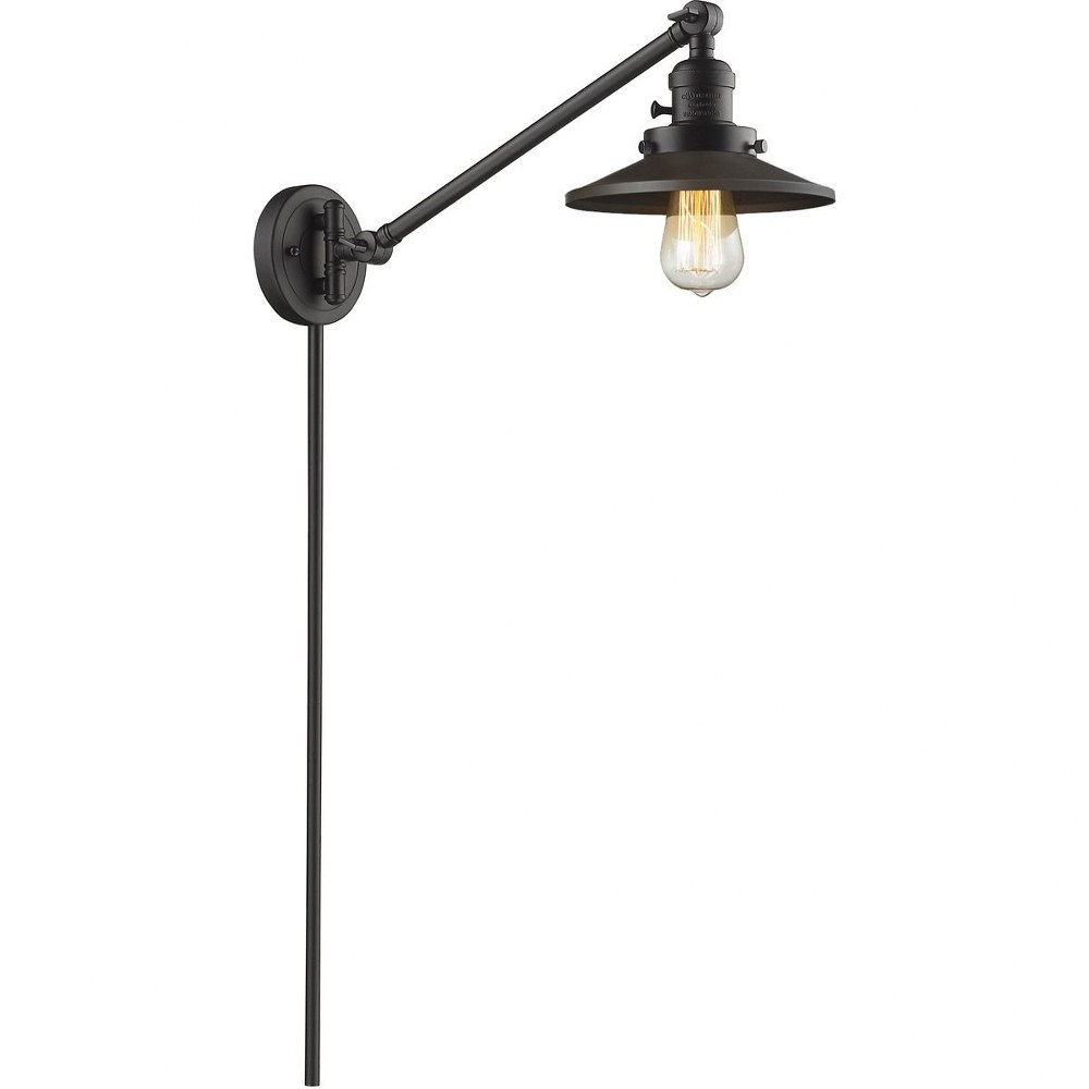 Innovations Lighting-237-OB-M5-Railroad-One Light Adjustable Swing Arm Portable Wall Sconce-8 Inches Wide by 25 Inches High   Oiled Rubbed Bronze Finish with Railroad Shade