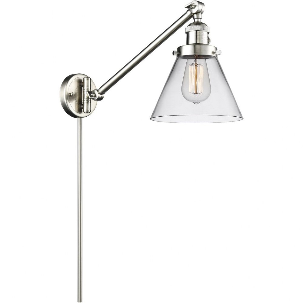 Innovations Lighting-237-SN-G42-Large Cone-One Light Adjustable Swing Arm Portable Wall Sconce-8 Inches Wide by 25 Inches High   Satin Brushed Nickel Finish with Clear Glass