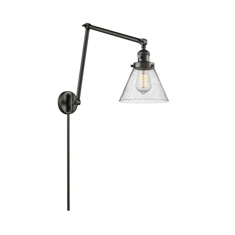 Innovations Lighting-238-OB-G44-Large Cone-One Light Adjustable Double Swing Arm Portable Wall Sconce-8 Inches Wide by 30 Inches High   Oiled Rubbed Bronze Finish with Seedy Glass