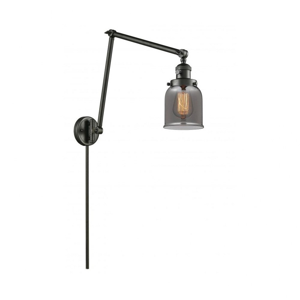 Innovations Lighting-238-OB-G53-Small Bell-One Light Adjustable Double Swing Arm Portable Wall Sconce-8 Inches Wide by 30 Inches High   Oiled Rubbed Bronze Finish with Smoked Glass