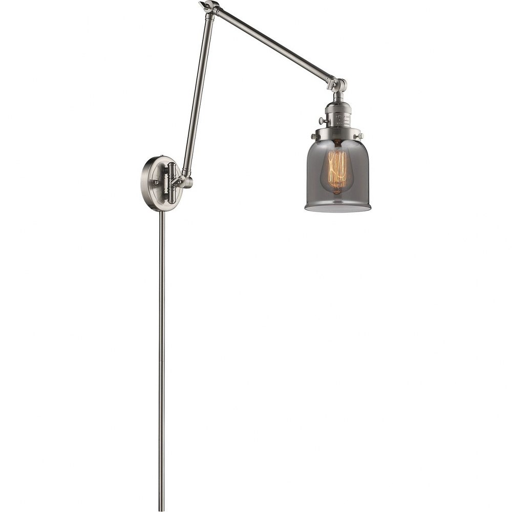 Innovations Lighting-238-SN-G53-Small Bell-One Light Adjustable Double Swing Arm Portable Wall Sconce-8 Inches Wide by 30 Inches High   Satin Brushed Nickel Finish with Smoked Glass