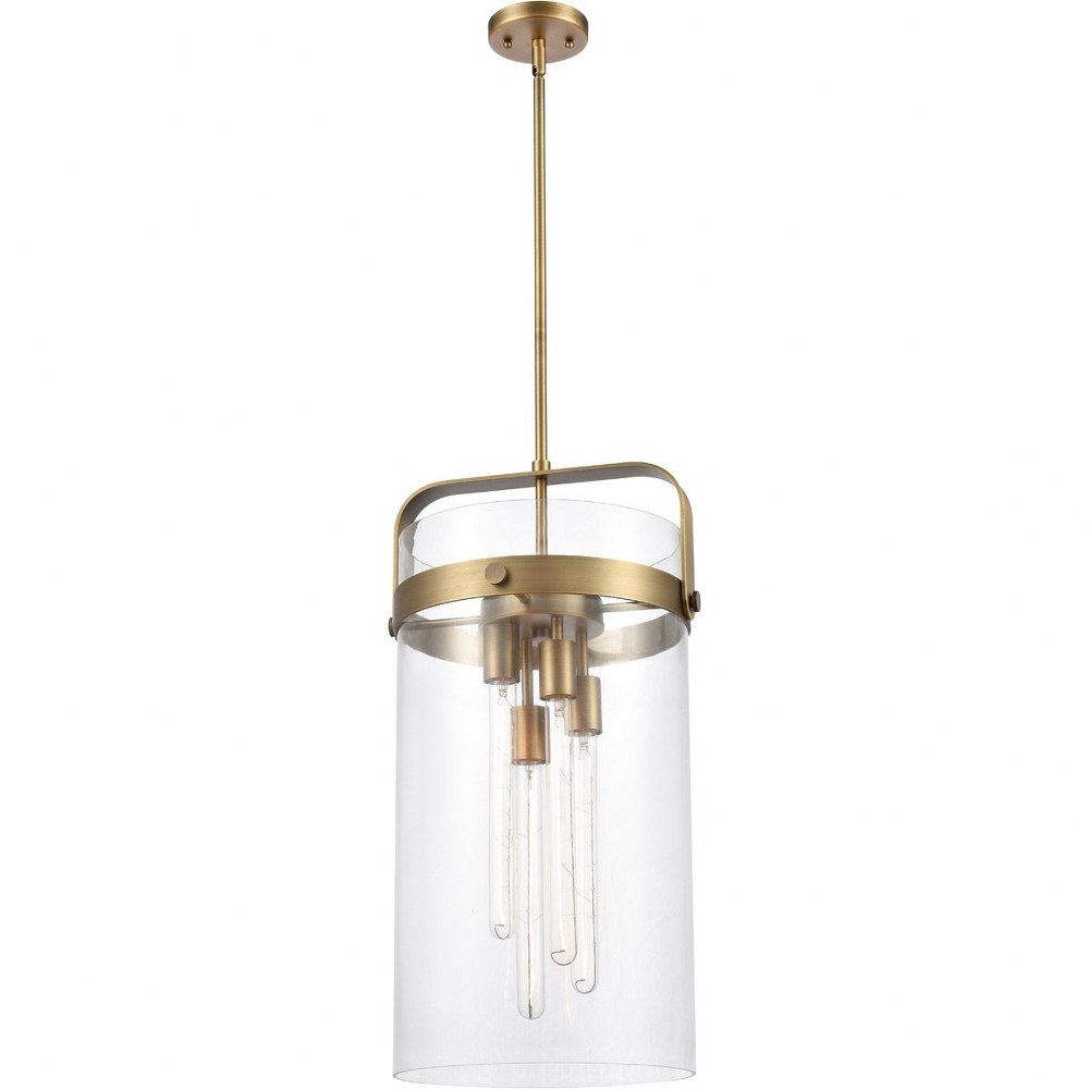 Innovations Lighting-413-4S-BB-12CL-Pilaster-Four Light Mini Pendant-13.38 Inches Wide by 25.5 Inches High Brushed Brass Incandescent Brushed Brass Finish