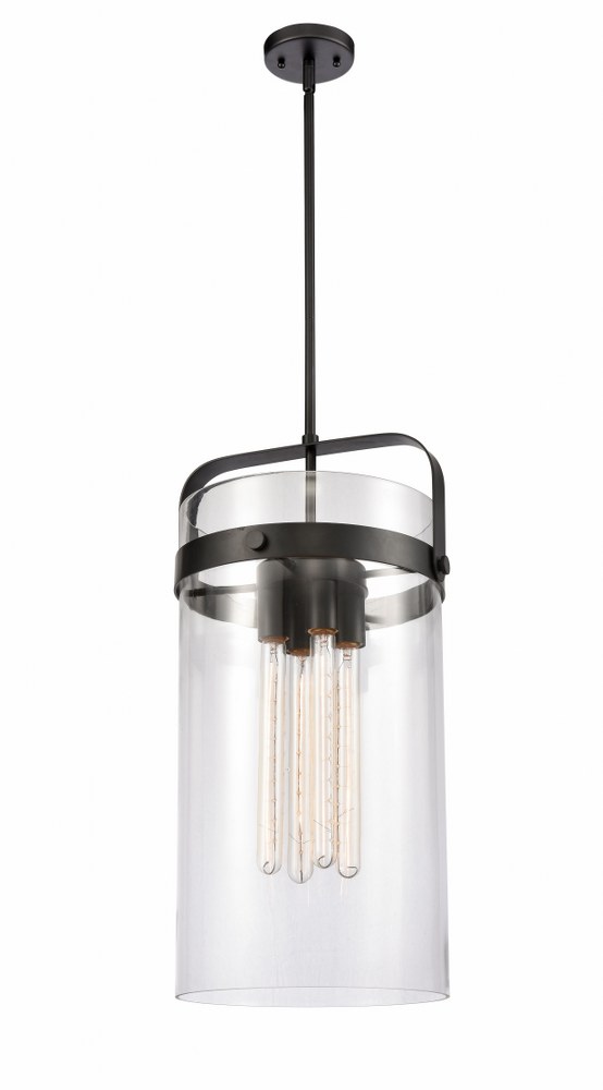 Innovations Lighting-413-4S-BK-12CL-LED-Pilaster-Four Light Mini Pendant-13.38 Inches Wide by 25.5 Inches High Matte Black LED Brushed Brass Finish