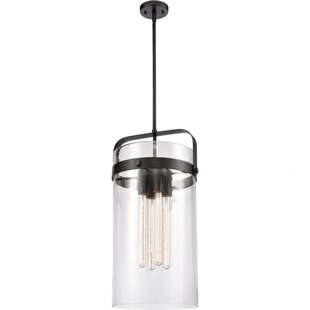 Innovations Lighting-413-4S-BK-12CL-Pilaster-Four Light Mini Pendant-13.38 Inches Wide by 25.5 Inches High Matte Black Incandescent Brushed Brass Finish