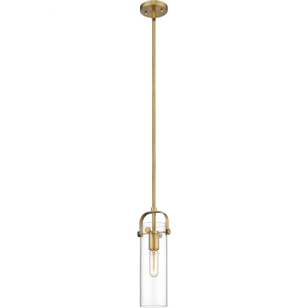 Innovations Lighting-423-1S-BB-4CL-Pilaster - 1 Light Mini Pendant In Restoration Style-14.5 Inches Tall and 5 Inches Wide Incandescent Clear Glass Brushed Brass Finish