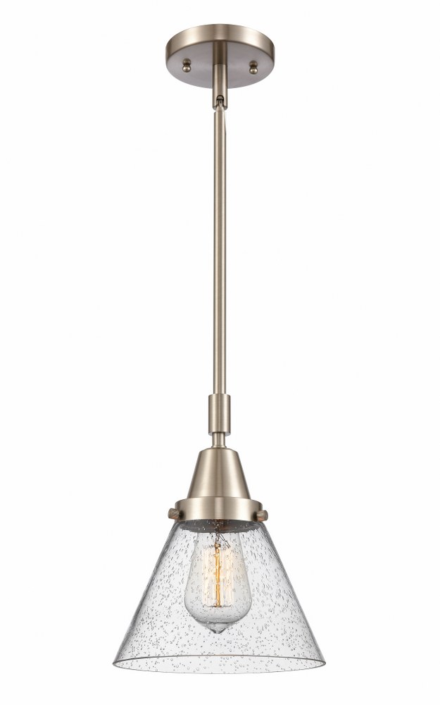 Innovations Lighting-447-1S-SN-G44-LED-Cone-3.5W 1 LED Mini Pendant in Industrial Style-8 Inches Wide by 11.13 Inches High   Brushed Satin Nickel Finish with Seedy Glass