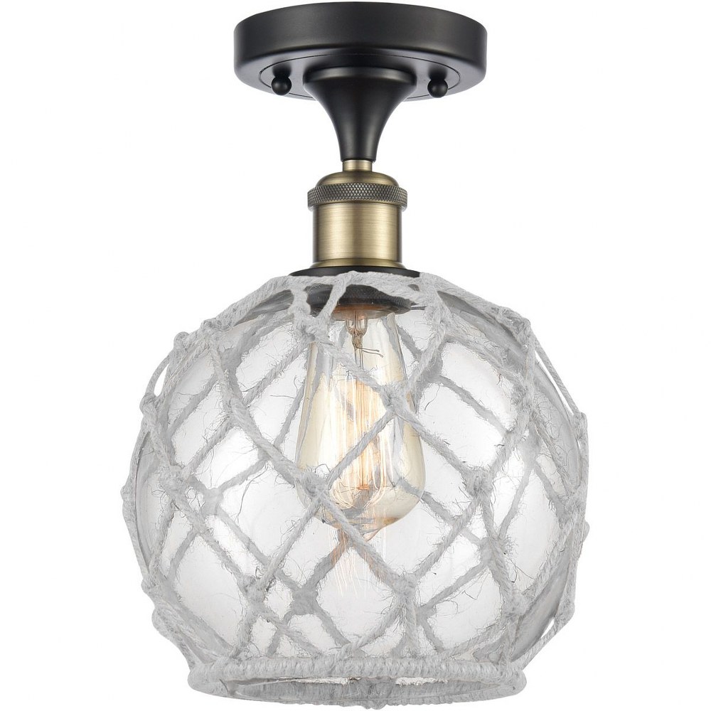 Innovations Lighting-516-1C-BAB-G122-8RW-Farmhouse Rope-1 Light Semi-Flush Mount in Industrial Style-8 Inches Wide by 13 Inches High   Black Antique Brass Finish with Clear/White Rope Glass