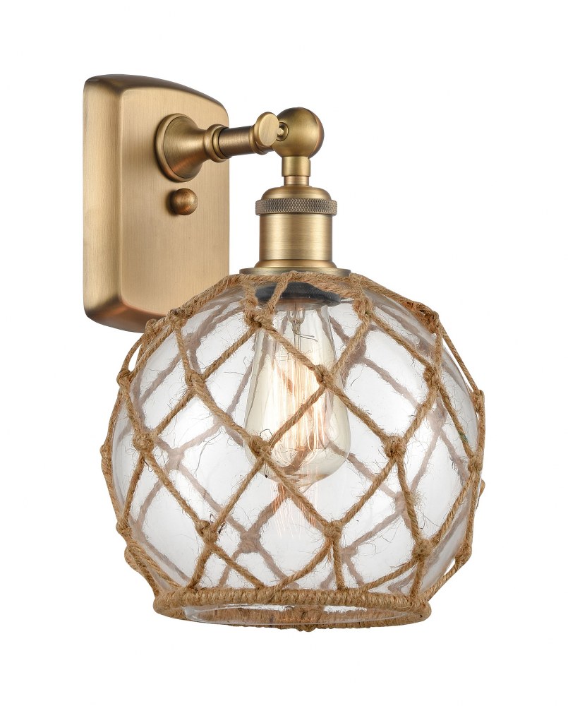 Innovations Lighting-516-1W-BB-G122-8RB-LED-Farmhouse Rope-3.5W 1 LED Wall Sconce in Industrial Style-8 Inches Wide by 13 Inches High   Brushed Brass Finish with Clear/Brown Rope Glass