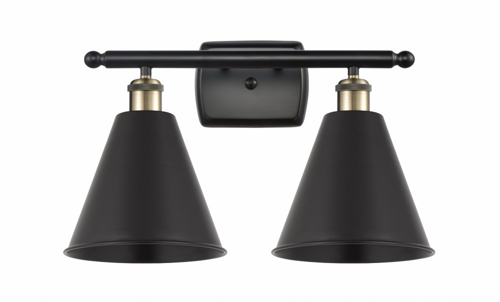 Innovations Lighting-516-2W-BAB-MBC-8-BK-LED-Ballston Cone - 2 Light Bath Vanity In Industrial Style-11.25 Inches Tall and 18 Inches Wide LED Matte Black Shade Black Antique Brass Finish