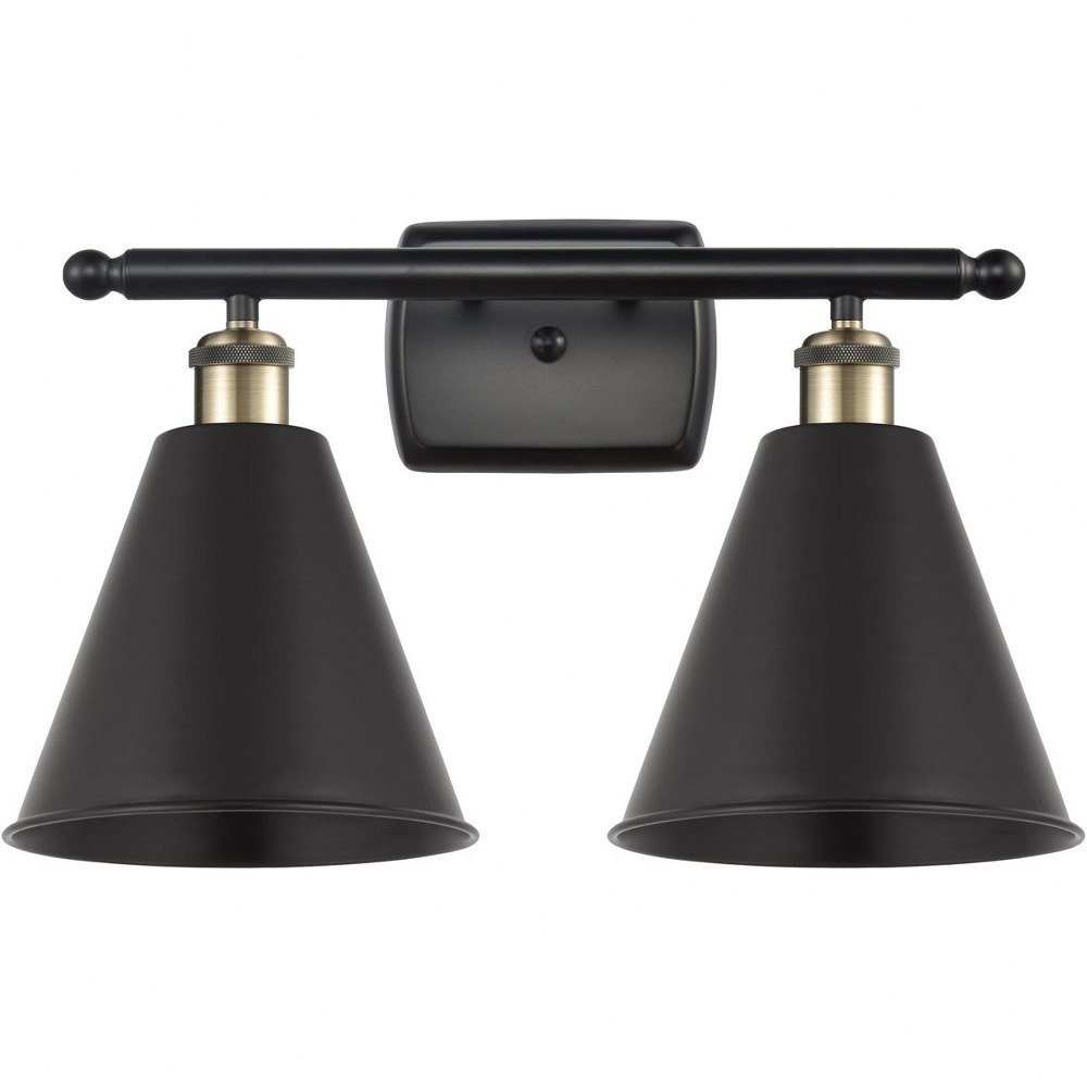Innovations Lighting-516-2W-BAB-MBC-8-BK-Ballston Cone - 2 Light Bath Vanity In Industrial Style-11.25 Inches Tall and 18 Inches Wide Incandescent Matte Black Shade Black Antique Brass Finish
