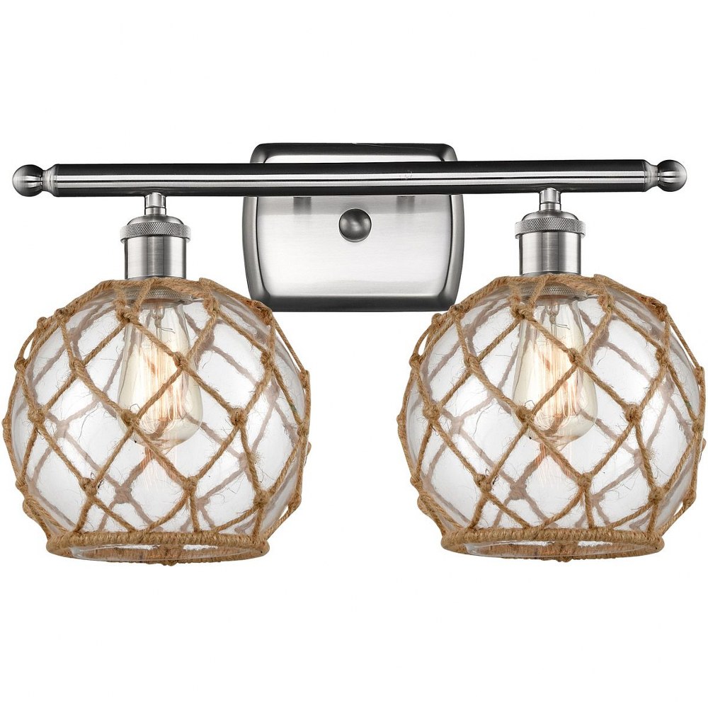 Innovations Lighting-516-2W-SN-G122-8RB-Farmhouse Rope-2 Light Bath Vanity in Industrial Style-16 Inches Wide by 13 Inches High   Brushed Satin Nickel Finish with Clear/Brown Rope Glass