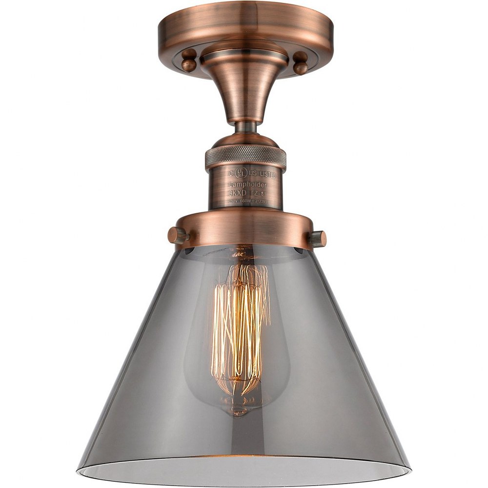 Innovations Lighting-517-1CH-AC-G43-Large Cone-One Light Semi-Flush Mount-8 Inches Wide by 10 Inches High   Antique Copper Finish with Smoked Glass