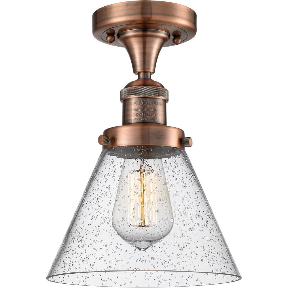 Innovations Lighting-517-1CH-AC-G44-Large Cone-One Light Semi-Flush Mount-8 Inches Wide by 10 Inches High   Antique Copper Finish with Seedy Glass