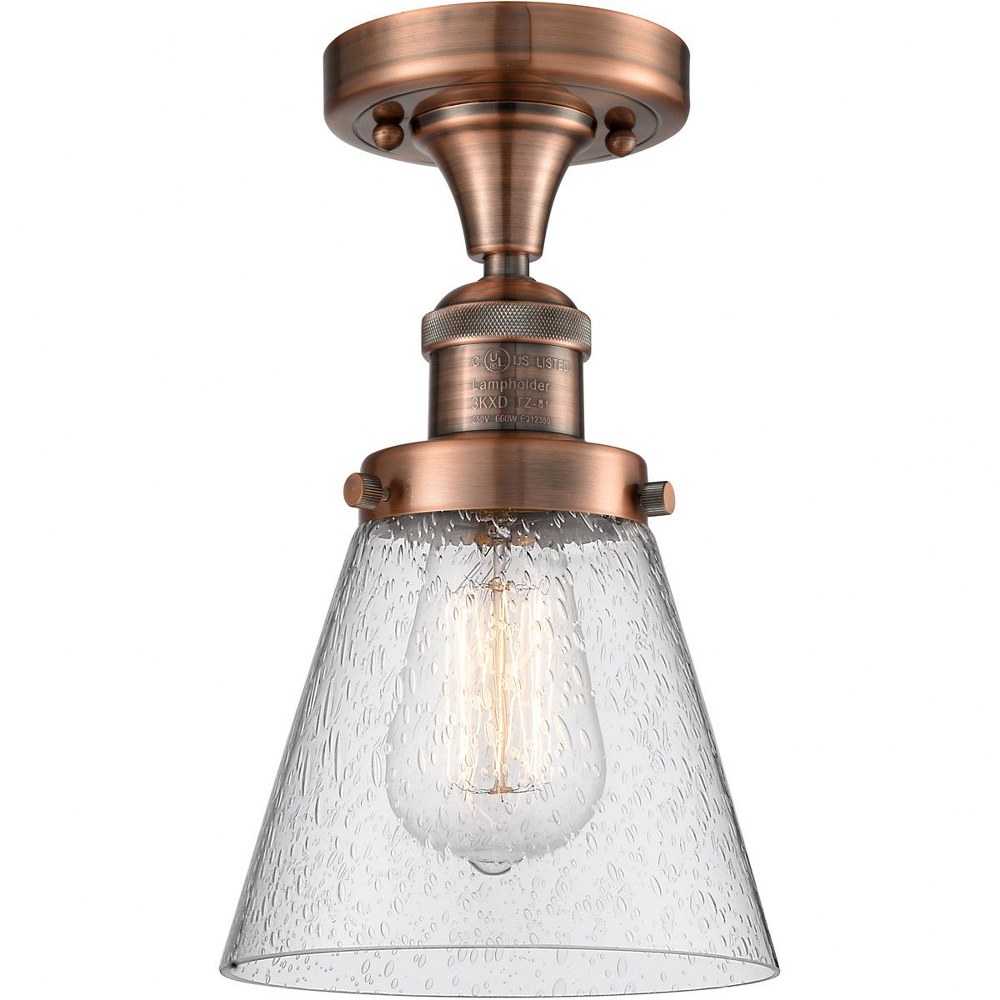 Innovations Lighting-517-1CH-AC-G64-Small Cone-One Light Semi-Flush Mount-6.5 Inches Wide by 9 Inches High   Antique Copper Finish with Seedy Glass