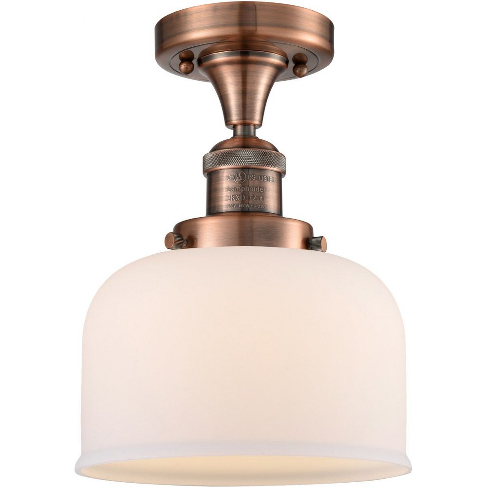 Innovations Lighting-517-1CH-AC-G71-Large Bell-One Light Semi-Flush Mount-8 Inches Wide by 8 Inches High   Antique Copper Finish with Matte White Cased Glass