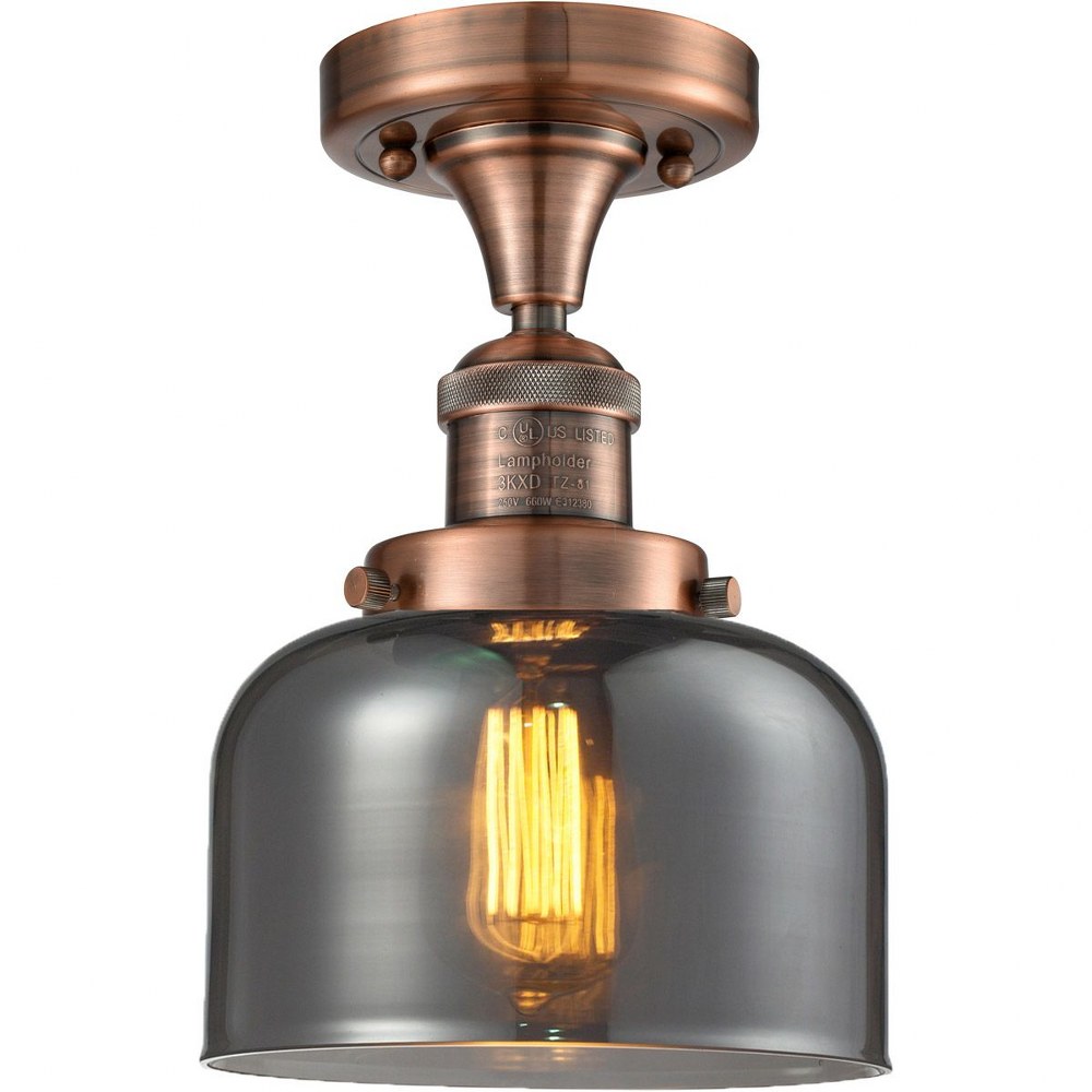 Innovations Lighting-517-1CH-AC-G73-Large Bell-One Light Semi-Flush Mount-8 Inches Wide by 8 Inches High   Antique Copper Finish with Smoked Glass