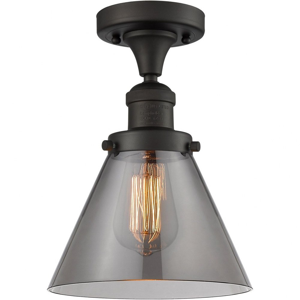 Innovations Lighting-517-1CH-OB-G43-Large Cone-One Light Semi-Flush Mount-8 Inches Wide by 10 Inches High   Oiled Rubbed Bronze Finish with Smoked Glass