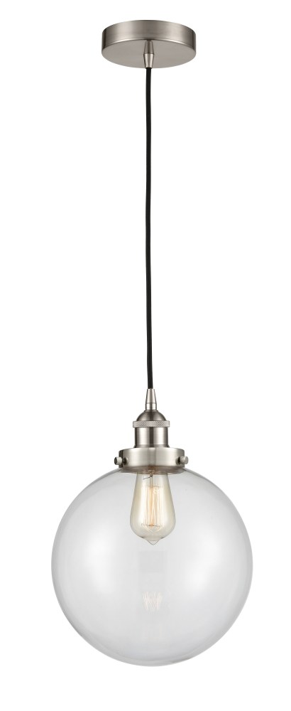 Innovations Lighting-616-1PH-SN-G202-10-LED-Beacon - 1 Light Mini Pendant In Industrial Style-13 Inches Tall and 10 Inches Wide Brushed Satin Nickel Clear Matte Black Finish