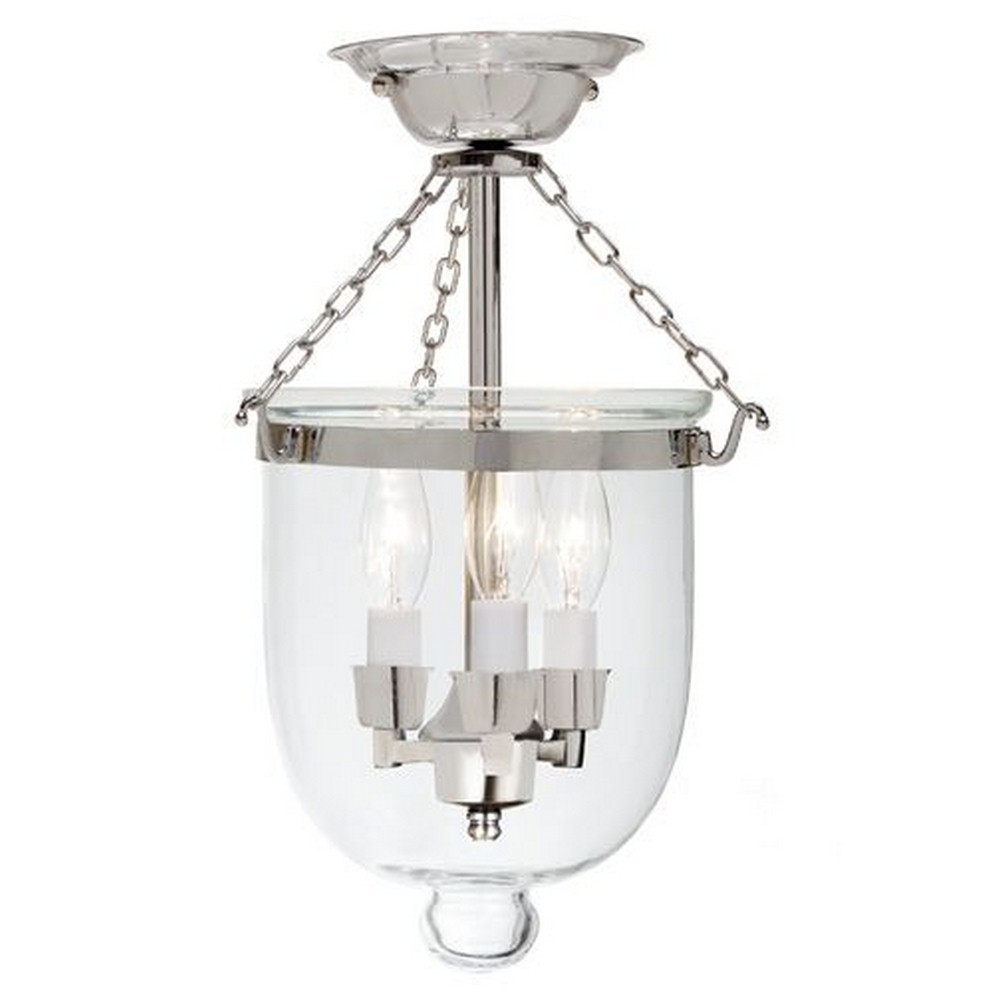 JVI Designs-1015-15-Three Light Small Bell Jar Semi-Flush Mount   Polished Nickel Finish with Clear Glass
