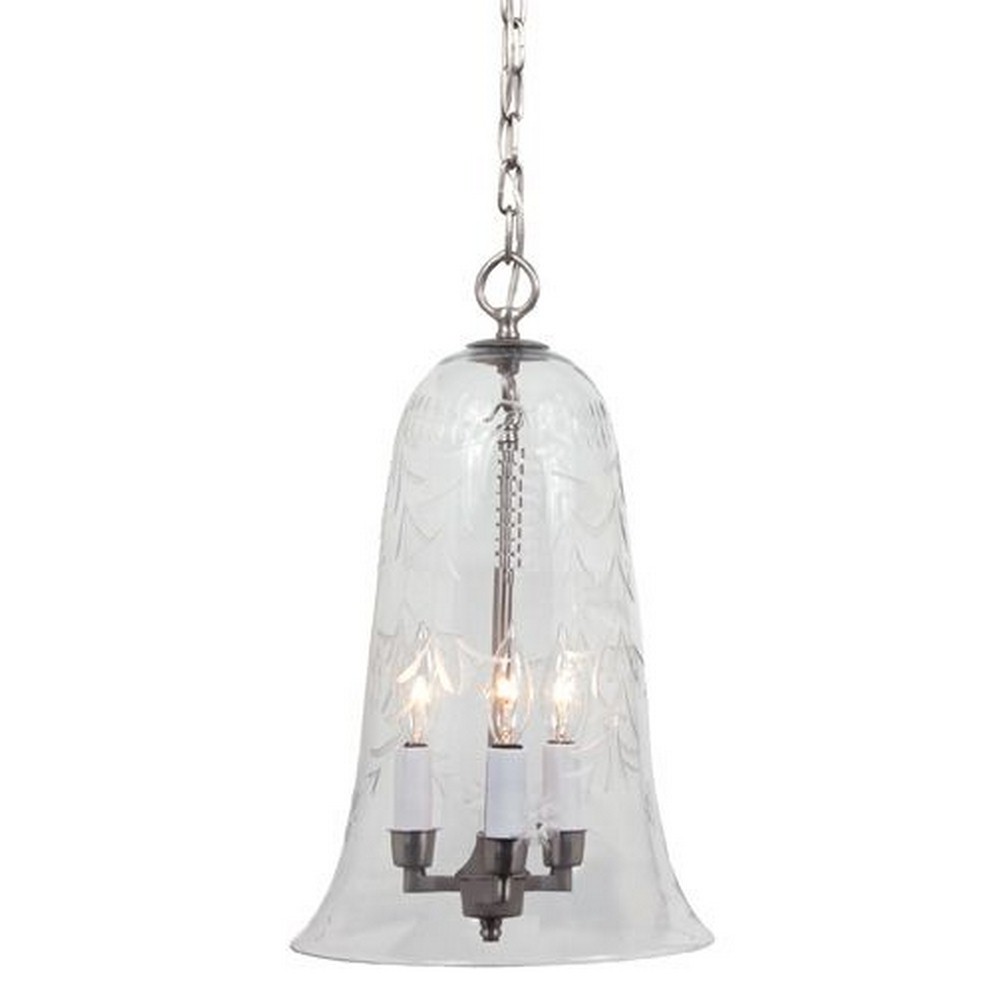 JVI Designs-1039-17-Three Light Bell Jar Pendant   Pewter Finish with Clear Flower Glass
