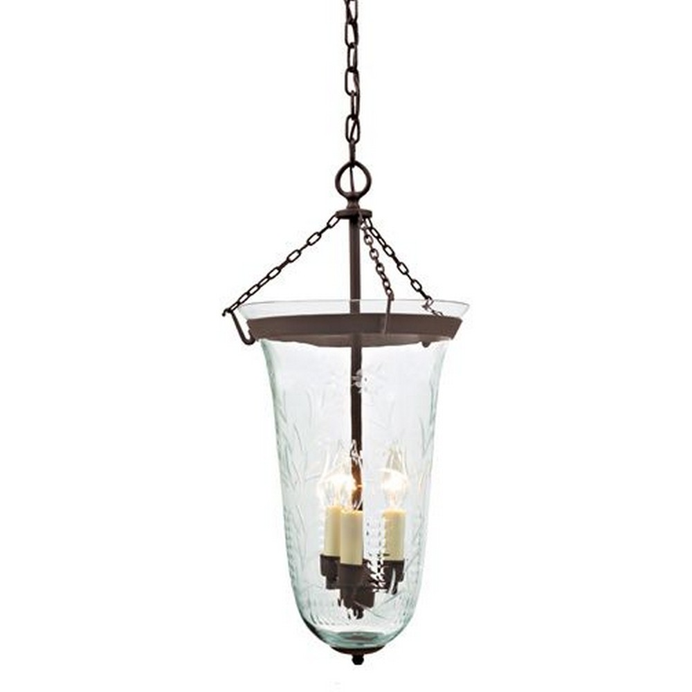JVI Designs-1099-08-Three Light Large Elongated Bell Jar Lantern   Oil Rubbed Bronze Finish with Flower Glass