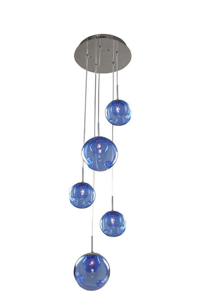 Kalco Lighting-309541CH/SAPPH-Meteor - Five Light Pendant Chrome Sapph Chrome Finish with Sapph Glass