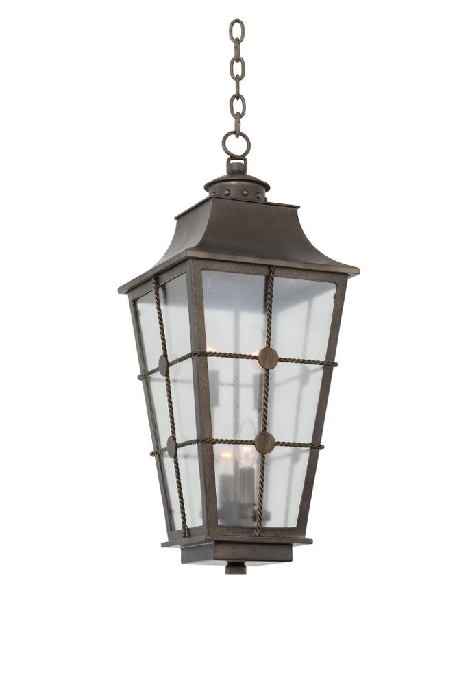 Kalco Lighting-403551AGB-Belle Grove - Four Light Outdoor Medium Hanging Pendant   Aged Bronze Finish with Clear Seeded Glass