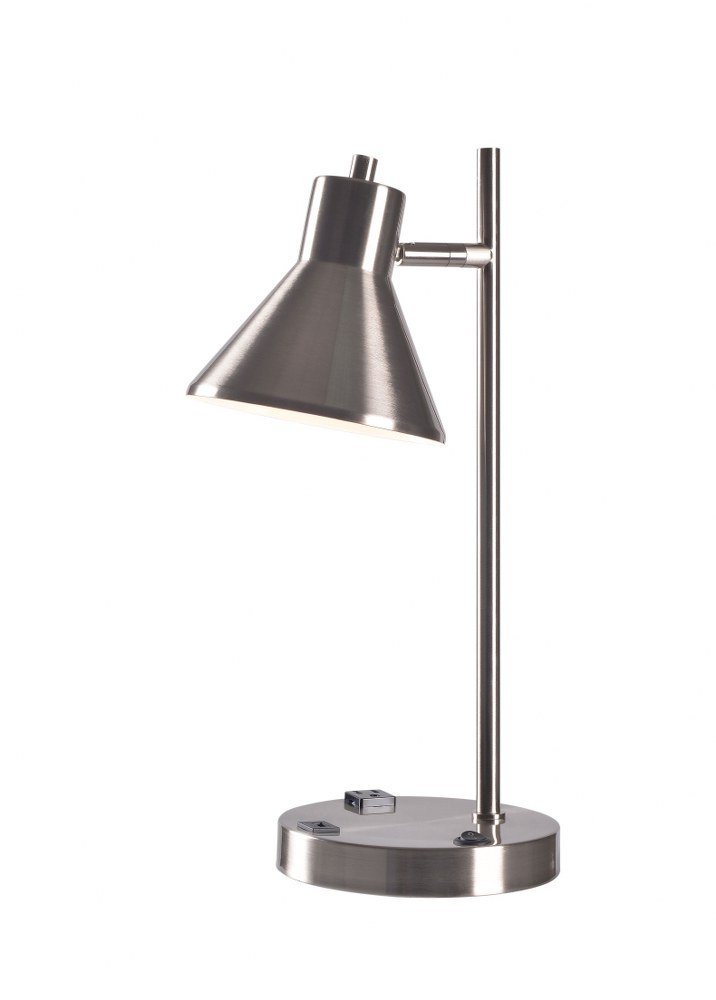Kenroy Lighting-33069BS-Ash - 1 Light Desk Lamp with USB Outlet and Rocker Switch   Brushed Steel Finish with Brushed Steel/White Shade