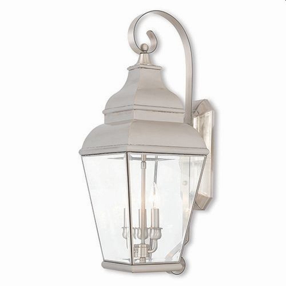 Livex Lighting-2593-91-Exeter - 3 Light Outdoor Wall Lantern in Exeter Style - 10 Inches wide by 28 Inches high Brushed Nickel  Bronze Finish with Clear Beveled Glass