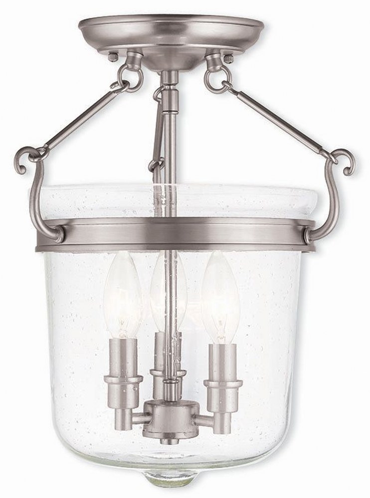 Livex Lighting-50493-91-Winchester - 3 Light Semi-Flush Mount in Winchester Style - 12 Inches wide by 14.75 Inches high Brushed Nickel  Brushed Nickel Finish with Seeded Glass