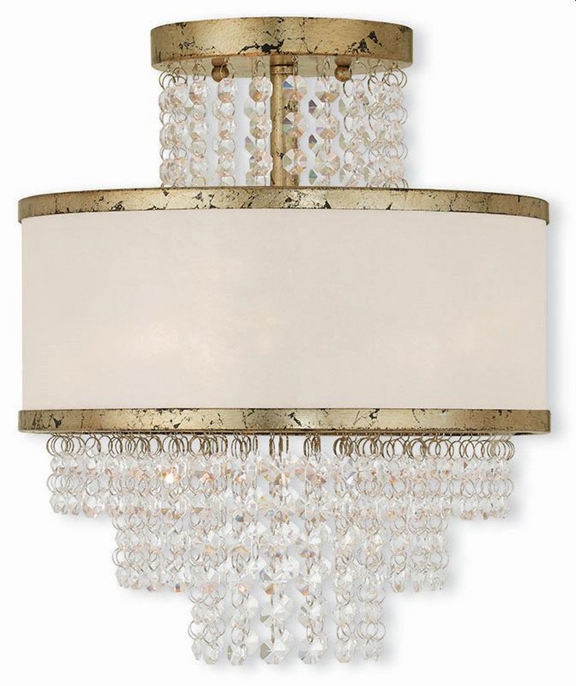 Livex Lighting-50793-28-Prescott - 3 Light Semi-Flush Mount in Prescott Style - 11.75 Inches wide by 13.38 Inches high Winter Gold  Brushed Nickel Finish with Off-White Sheer Organza Shade with Clear 