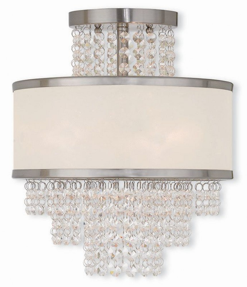 Livex Lighting-50793-91-Prescott - 3 Light Semi-Flush Mount in Prescott Style - 11.75 Inches wide by 13.38 Inches high Brushed Nickel  Brushed Nickel Finish with Off-White Sheer Organza Shade with Cle