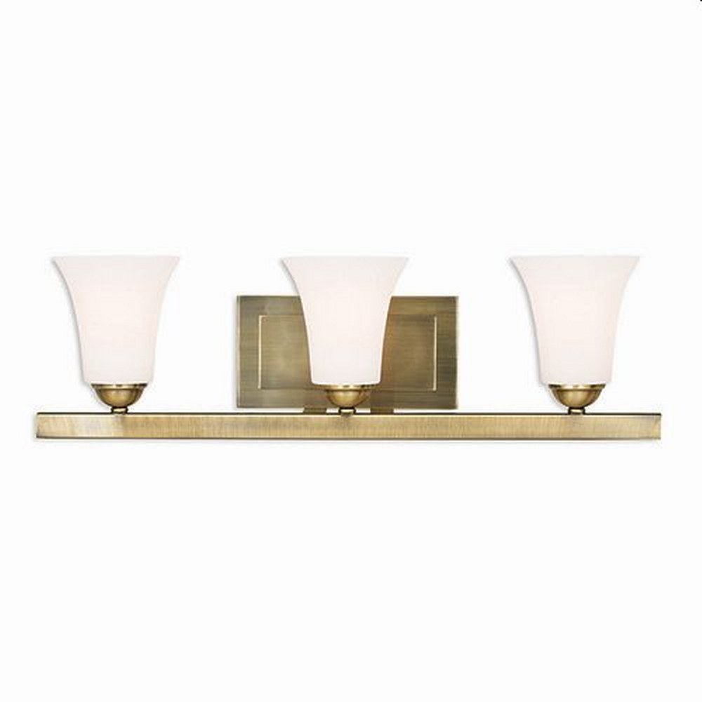 Livex Lighting-6493-01-Ridgedale - 3 Light Bath Vanity in Ridgedale Style - 25.25 Inches wide by 7 Inches high Antique Brass Brushed Nickel Finish with Satin Opal White Glass