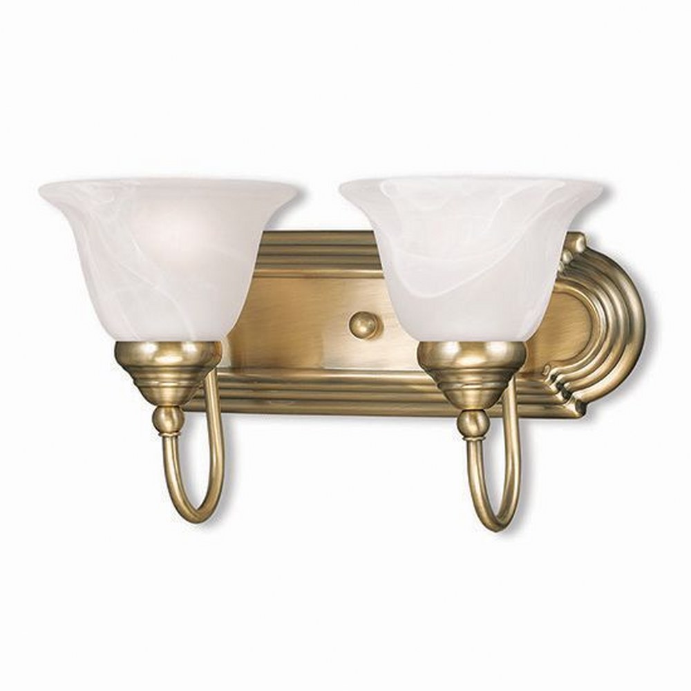 Livex Lighting-1002-01-Belmont - 2 Light Bath Vanity in Belmont Style - 14 Inches wide by 8.5 Inches high Antique Brass Polished Chrome/Polished Brass Finish with White Alabaster Glass