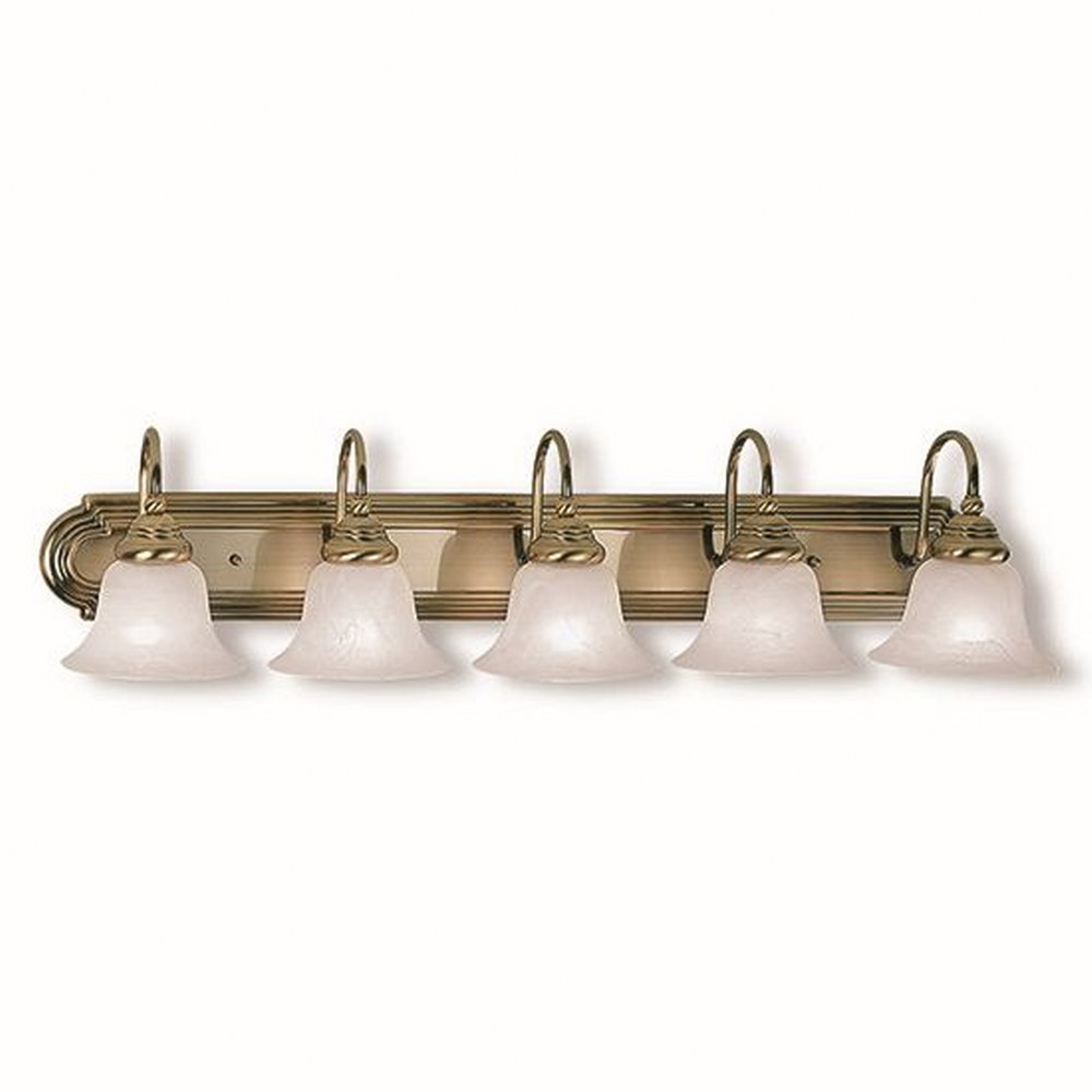 Livex Lighting-1005-01-Belmont - 5 Light Bath Vanity in Belmont Style - 36 Inches wide by 8.5 Inches high Antique Brass Brushed Nickel/Polished Chrome Finish with White Alabaster Glass