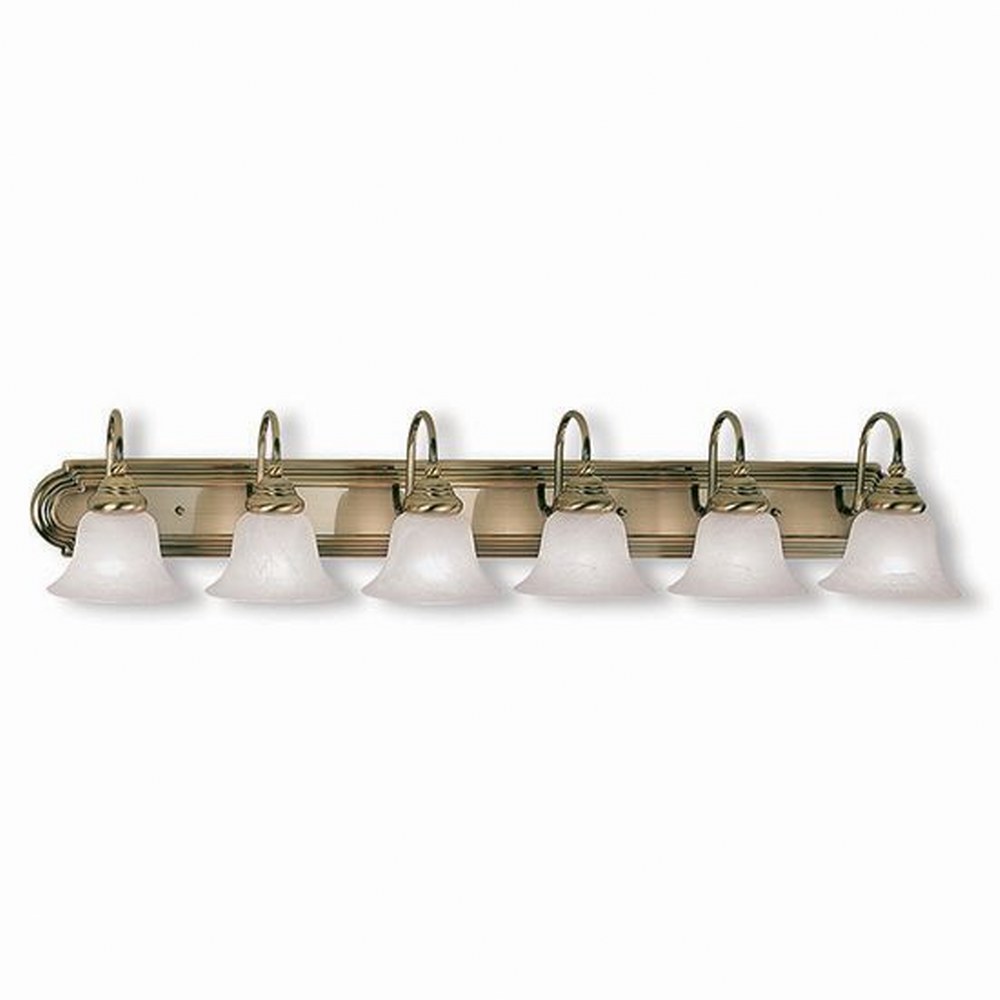 Livex Lighting-1006-01-Belmont - 6 Light Bath Vanity in Belmont Style - 48 Inches wide by 8.5 Inches high Antique Brass Polished Chrome/Polished Brass Finish with White Alabaster Glass