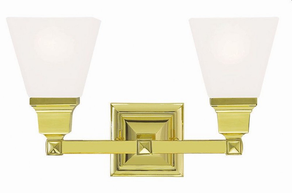 Livex Lighting-1032-02-Mission - 2 Light Bath Vanity in Mission Style - 15 Inches wide by 9.5 Inches high Polished Brass Brushed Nickel Finish with Satin Glass