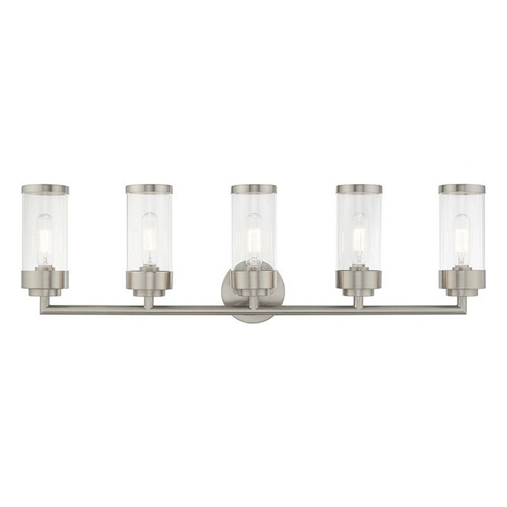 Livex Lighting-10365-91-Hillcrest - 5 Light Bath Vanity in Hillcrest Style - 35.75 Inches wide by 10.63 Inches high Brushed Nickel Polished Chrome Finish with Clear Glass